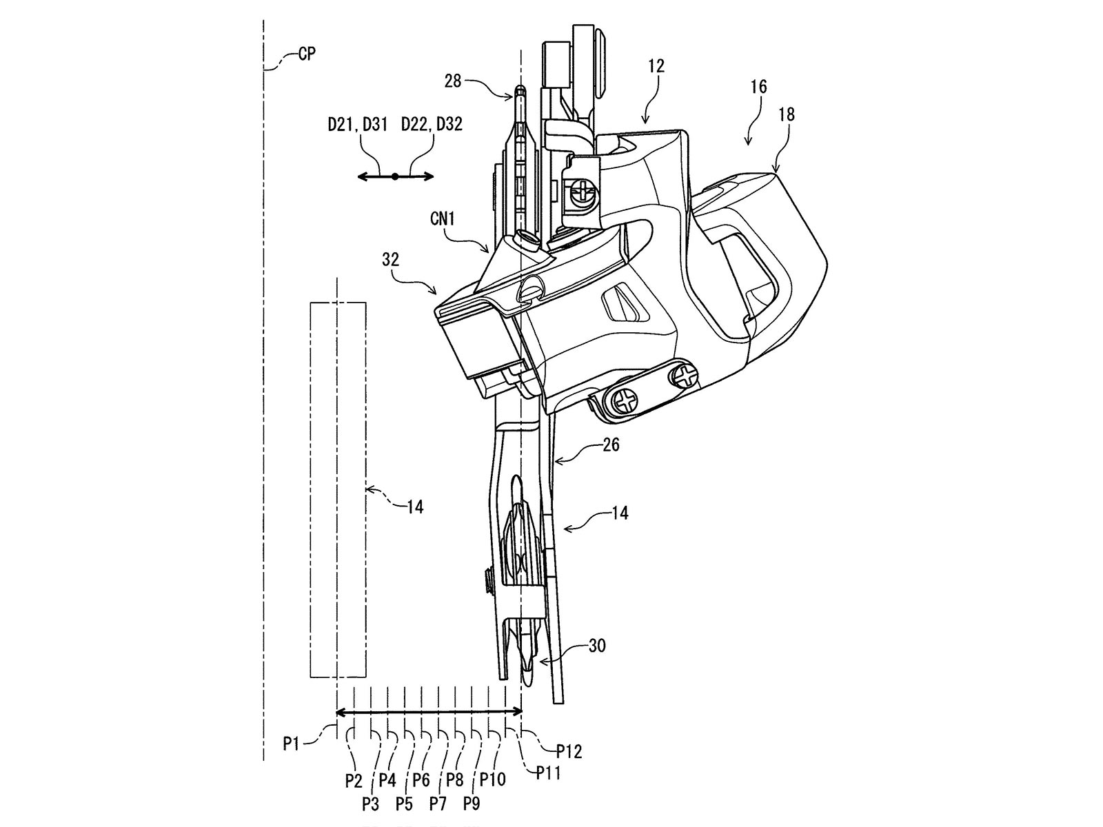 Concetto di prototipo di deragliatore a cambio elettronico galleggiante resistente agli urti con brevetto Shimano Di2, deragliatore posteriore